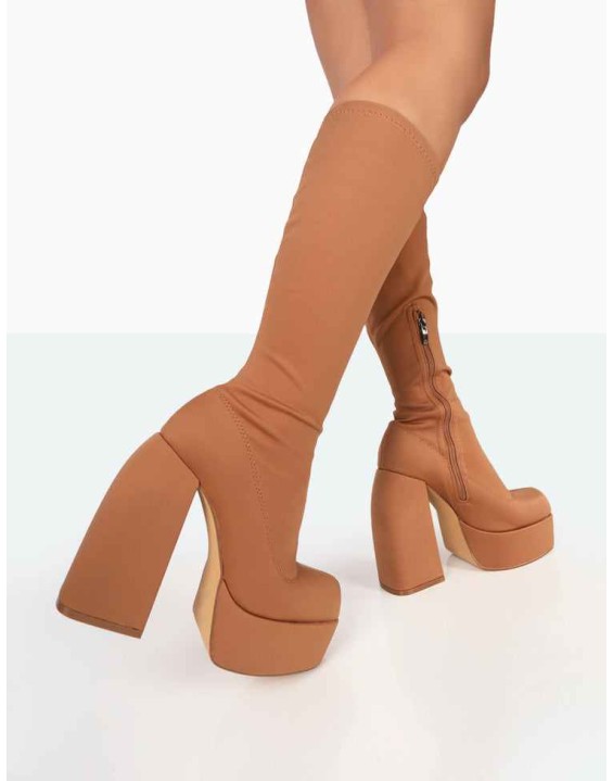 Jayce Tan Nylon Chunky Square Toe Platform Block Boots