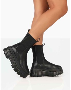 Banner Black PU Chunky Sole Ankle Boots