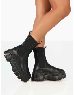 Banner Black PU Chunky Sole Ankle Boots