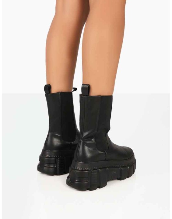 Banner Black PU Chunky Sole Ankle Boots