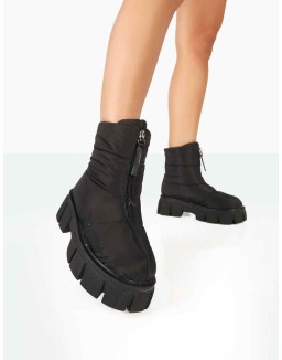 Puffy Black Nylon Zip Up Chunky Sole Snow Ankle Boots