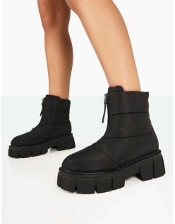 Puffy Black Nylon Zip Up Chunky Sole Snow Ankle Boots