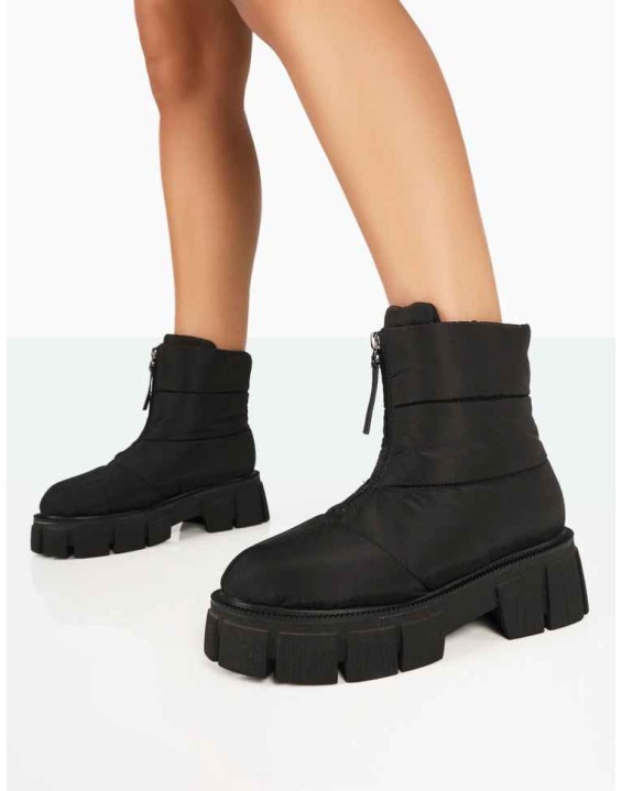 Puffy Black Nylon Zip Up Chunky Sole Snow Ankle Boots