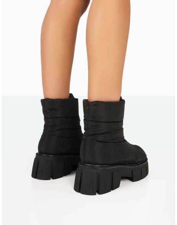 Puffy Black Nylon Zip Up Chunky Sole Snow Ankle Boots