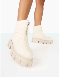Puffy Ecru Nylon Zip Up Chunky Sole Snow Ankle Boots