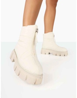 Puffy Ecru Nylon Zip Up Chunky Sole Snow Ankle Boots