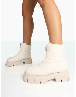 Puffy Ecru Nylon Zip Up Chunky Sole Snow Ankle Boots