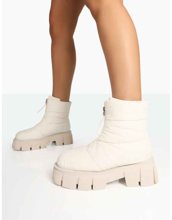 Puffy Ecru Nylon Zip Up Chunky Sole Snow Ankle Boots