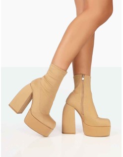 Charlie Taupe Nylon Platform Rounded Toe Block Heeled Ankle Boots