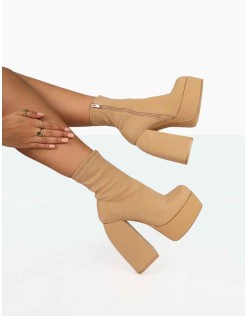 Charlie Taupe Nylon Platform Rounded Toe Block Heeled Ankle Boots