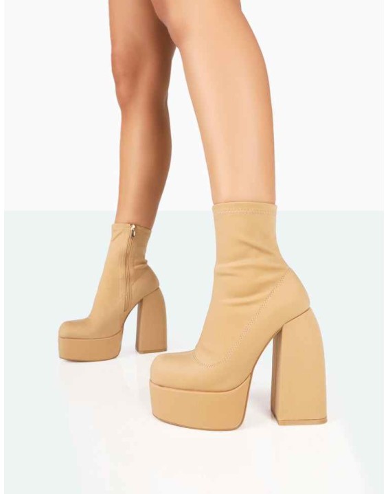 Charlie Taupe Nylon Platform Rounded Toe Block Heeled Ankle Boots