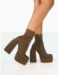 Charlie Khaki Nylon Platform Rounded Toe Block Heeled Ankle Boots