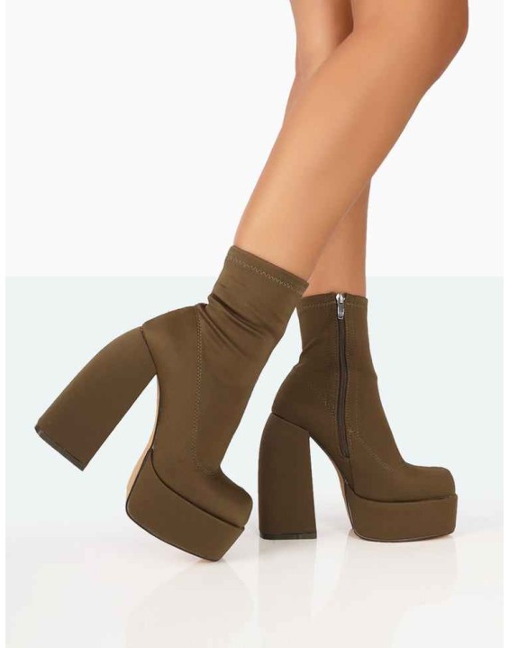 Charlie Khaki Nylon Platform Rounded Toe Block Heeled Ankle Boots