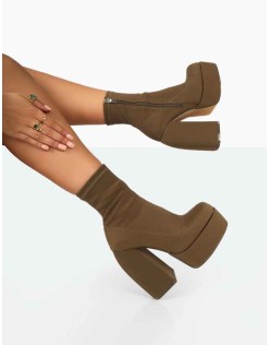 Charlie Khaki Nylon Platform Rounded Toe Block Heeled Ankle Boots