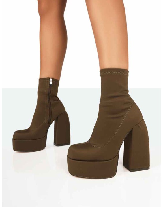 Charlie Khaki Nylon Platform Rounded Toe Block Heeled Ankle Boots