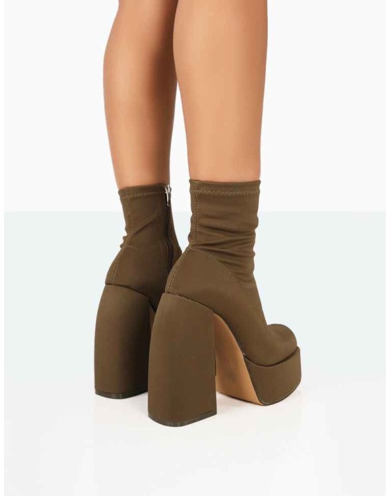 Charlie Khaki Nylon Platform Rounded Toe Block Heeled Ankle Boots