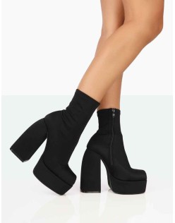 Charlie Black Nylon Platform Rounded Toe Block Heeled Ankle Boots