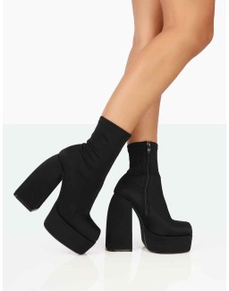 Charlie Black Nylon Platform Rounded Toe Block Heeled Ankle Boots