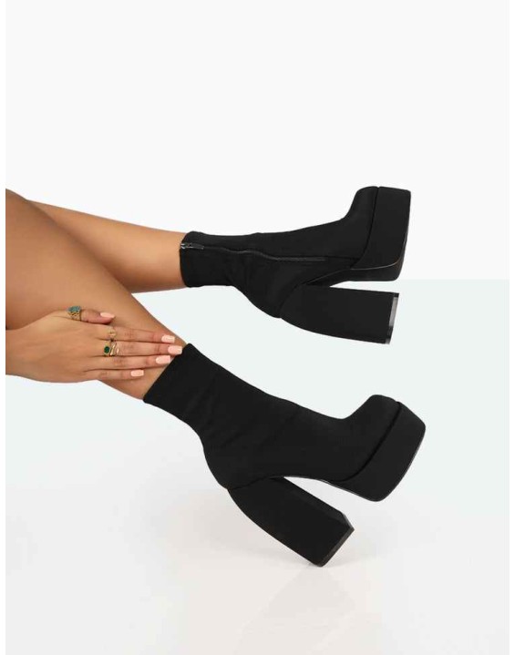 Charlie Black Nylon Platform Rounded Toe Block Heeled Ankle Boots