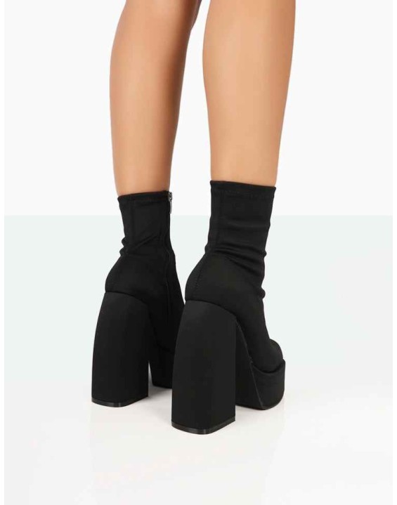 Charlie Black Nylon Platform Rounded Toe Block Heeled Ankle Boots