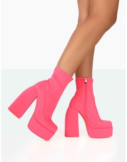 Charlie Neon Pink Nylon Platform Rounded Toe Block Heeled Ankle Boots