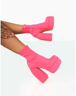 Charlie Neon Pink Nylon Platform Rounded Toe Block Heeled Ankle Boots