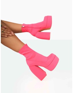 Charlie Neon Pink Nylon Platform Rounded Toe Block Heeled Ankle Boots