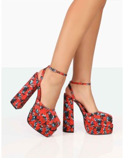 Moonchild Floral Satin Closed Toe Statement Platform Block Heels