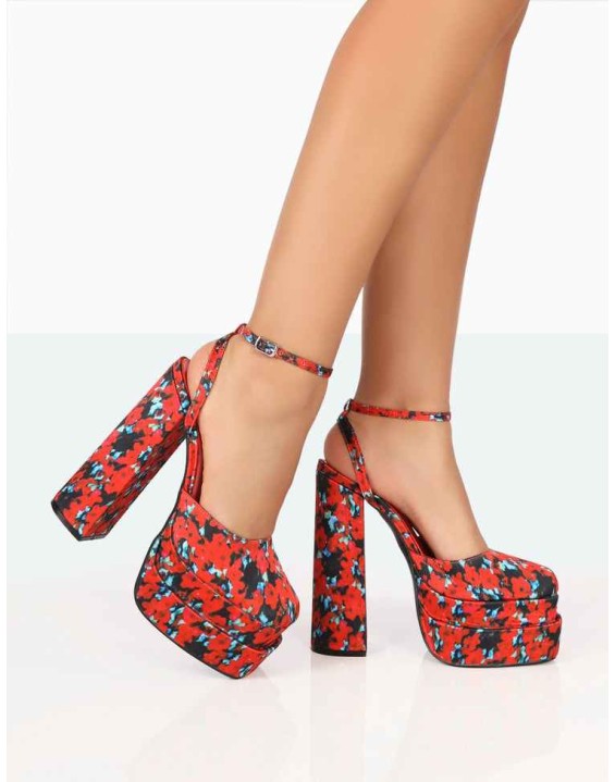 Moonchild Floral Satin Closed Toe Statement Platform Block Heels