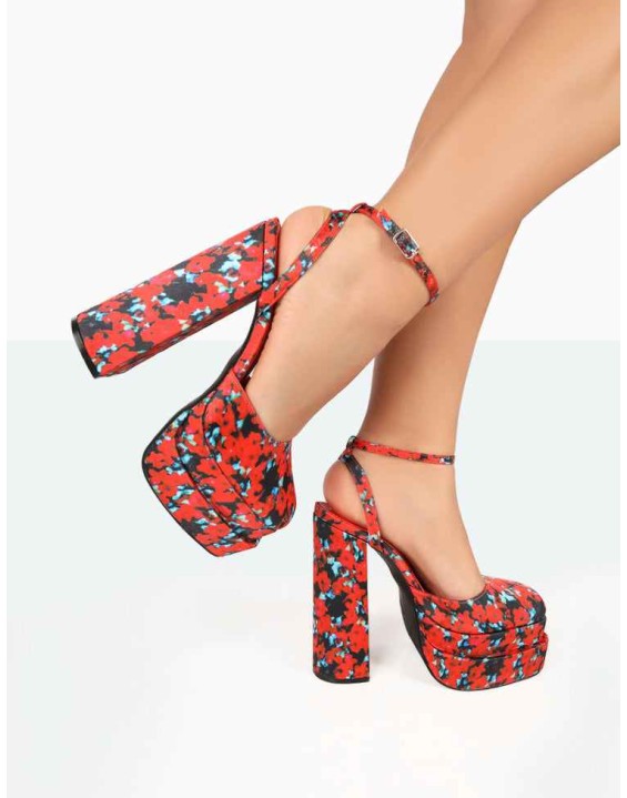 Moonchild Floral Satin Closed Toe Statement Platform Block Heels