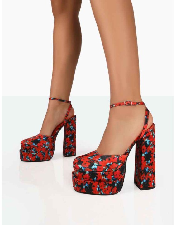 Moonchild Floral Satin Closed Toe Statement Platform Block Heels