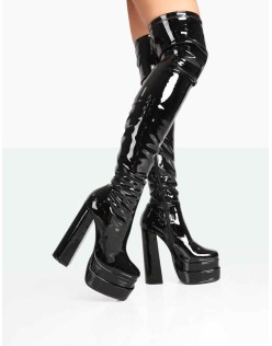 Identity Black Patent Platform Heel Over The Knee Boots