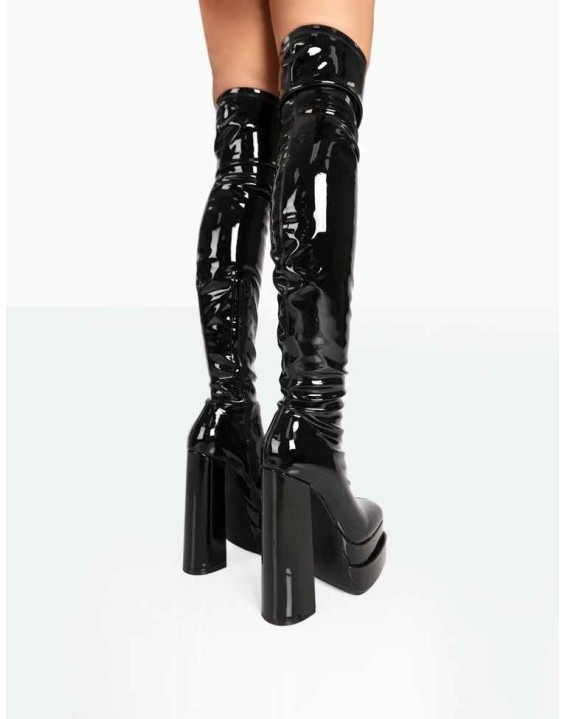 Identity Black Patent Platform Heel Over The Knee Boots