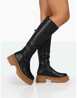Jersey Black Pu Contrasting Chunky Sole Knee High Boots