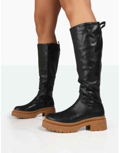 Jersey Black Pu Contrasting Chunky Sole Knee High Boots
