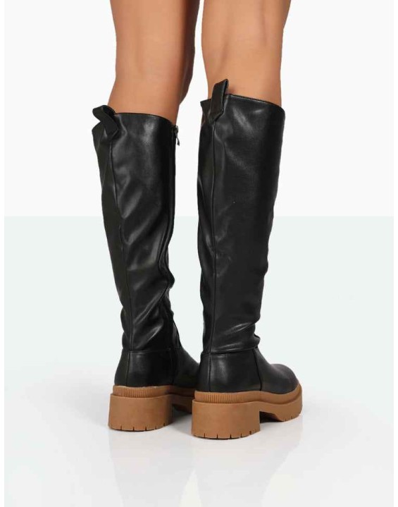 Jersey Black Pu Contrasting Chunky Sole Knee High Boots