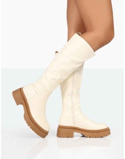 Jersey Ecru Pu Contrasting Chunky Sole Knee High Boots