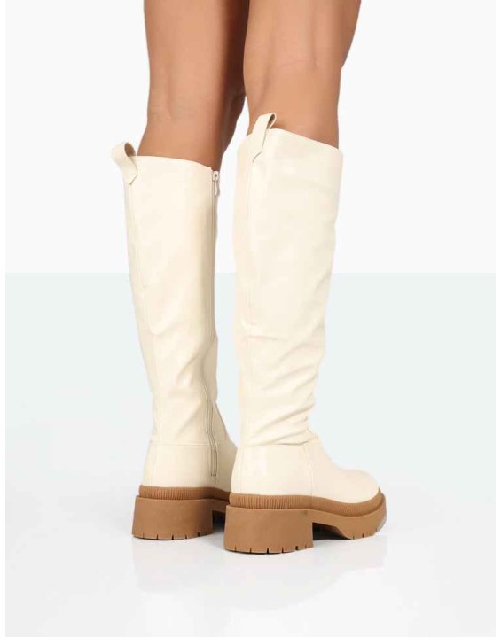 Jersey Ecru Pu Contrasting Chunky Sole Knee High Boots