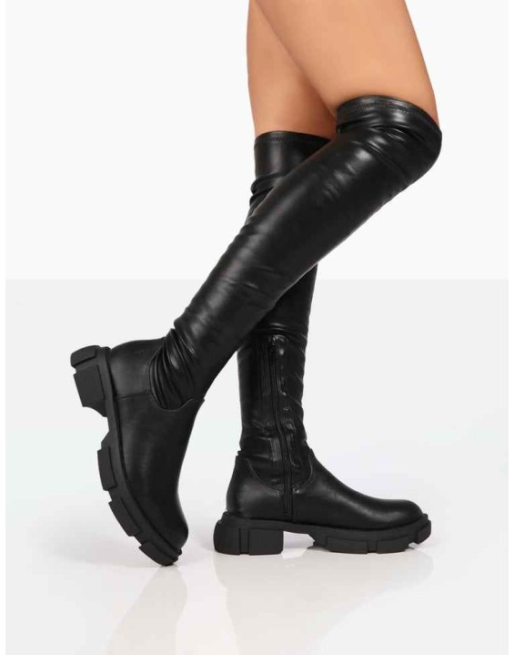 Take Chances Black PU Chunky Sole Knee High Boots