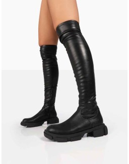 Take Chances Black PU Chunky Sole Knee High Boots