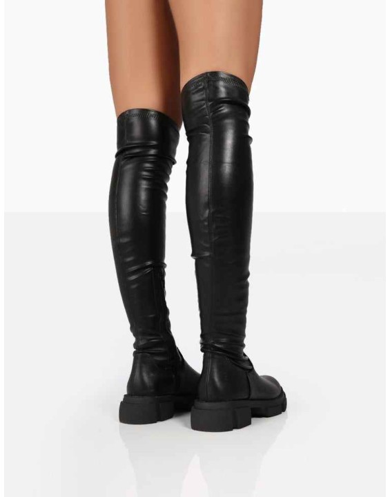 Take Chances Black PU Chunky Sole Knee High Boots