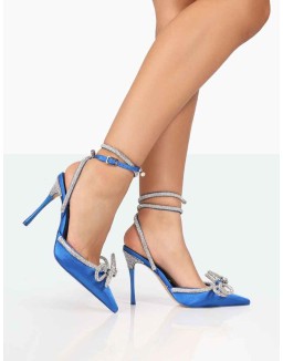 Midnight Cobalt Blue Satin Wrap Around Bow Pointed Toe Court Heels