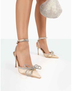 Midnight Champagne Satin Wrap Around Bow Pointed Toe Court Heels