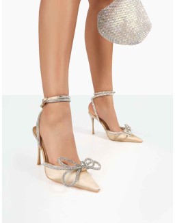 Midnight Champagne Satin Wrap Around Bow Pointed Toe Court Heels