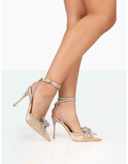 Midnight Champagne Satin Wrap Around Bow Pointed Toe Court Heels