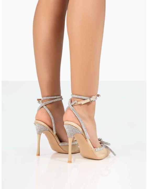 Midnight Champagne Satin Wrap Around Bow Pointed Toe Court Heels