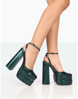 Moonchild Metallic Emerald Green Croc Closed Toe Statement Platform Block Heels