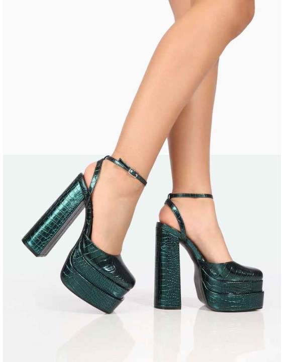 Moonchild Metallic Emerald Green Croc Closed Toe Statement Platform Block Heels
