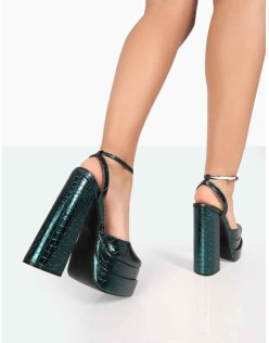 Moonchild Metallic Emerald Green Croc Closed Toe Statement Platform Block Heels