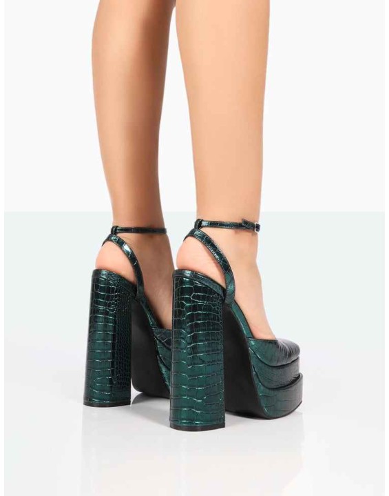 Moonchild Metallic Emerald Green Croc Closed Toe Statement Platform Block Heels